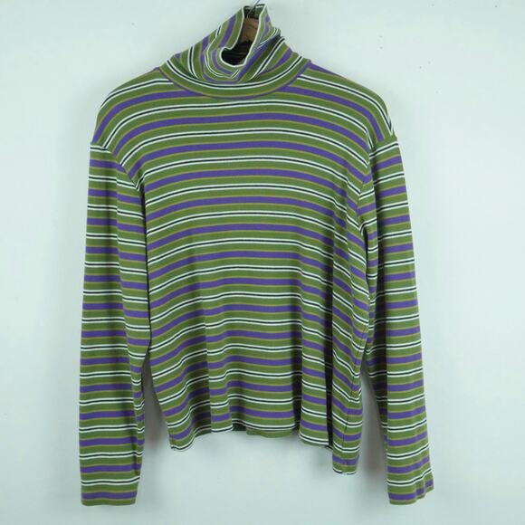 Vintage 2X Turtleneck Green Purple Stripe Quirky 90s Grunge Preppy Retro Cotton - Picture 1 of 6